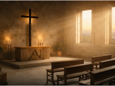 Monastery chapel with warm sunlight during a spiritual retreat experience