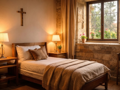 simple monastery guest room during a spiritual retreat stay with warm and peaceful atmosphere